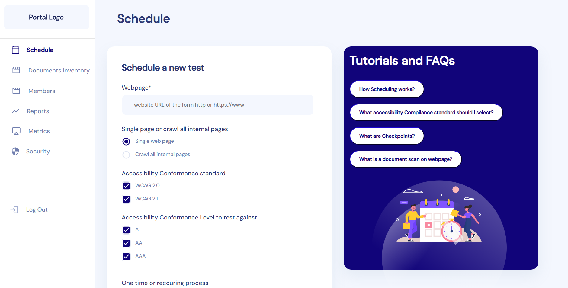 Screenshot from the Incskill web accessibility portal displaying compliance reports and test scheduler 